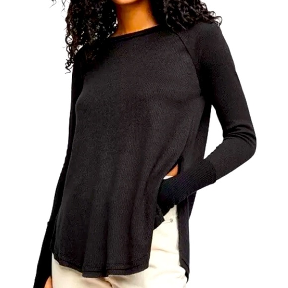 FREE PEOPLE Snowy Black Thermal Waffle-knit Oversized Long Sleeve Top EUC - Picture 5 of 7